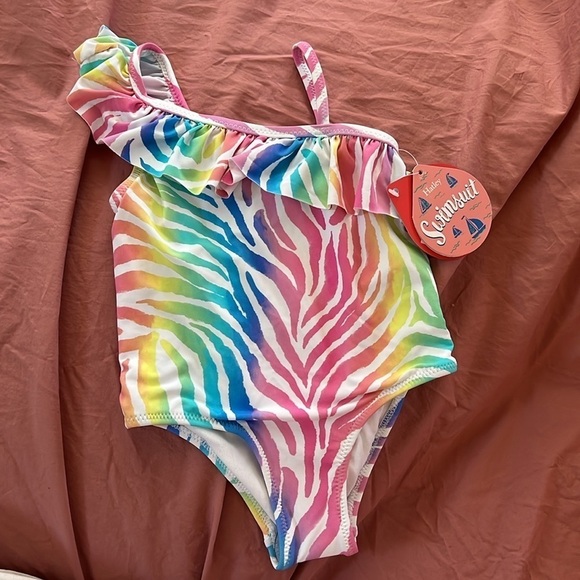 Hatley One Shoulder Ruffle Swimsuit (Rainbow Zebra) size 2T - Picture 3 of 6